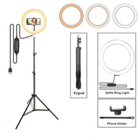 26cm Ring Light Kit with 7ft Aluminum Tripod, Mobile Phone Holder – 3 Color LED Lighting for Video & Photography