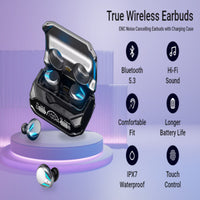 M41 Bluetooth 5.3 Earbuds – True Wireless Gaming Headset with LED Digital Display, Environmental Noise Cancelling, Waterproof Sport Earphones with Emergency Power Bank Feature