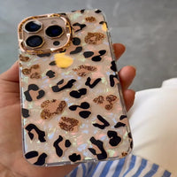 Luxury Gradient Cheetah Iridescent Phone Case – Gold & Pink Love Design, Shockproof Back Cover (All iPhone Models)