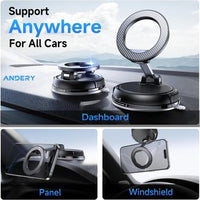 ANDERY Magnetic Magsafe Car Phone Holder – 2400 gf Magnetic & 78+ LBS Suction, 360° Adjustable Dashboard/Windshield Mount for iPhone 12–17 Pro Max (Including Plus/Air), Carbon Fiber Finish