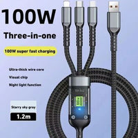 3-in-1 100W Fast Charging Cable – Multi Charger Type-C, USB & Micro Cable for iPhone, Samsung, Huawei, Xiaomi, Oppo & Vivo