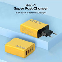 120W Ultra-Fast Charging Power Adapter – Dual PD + 2 USB Ports Wall Charger